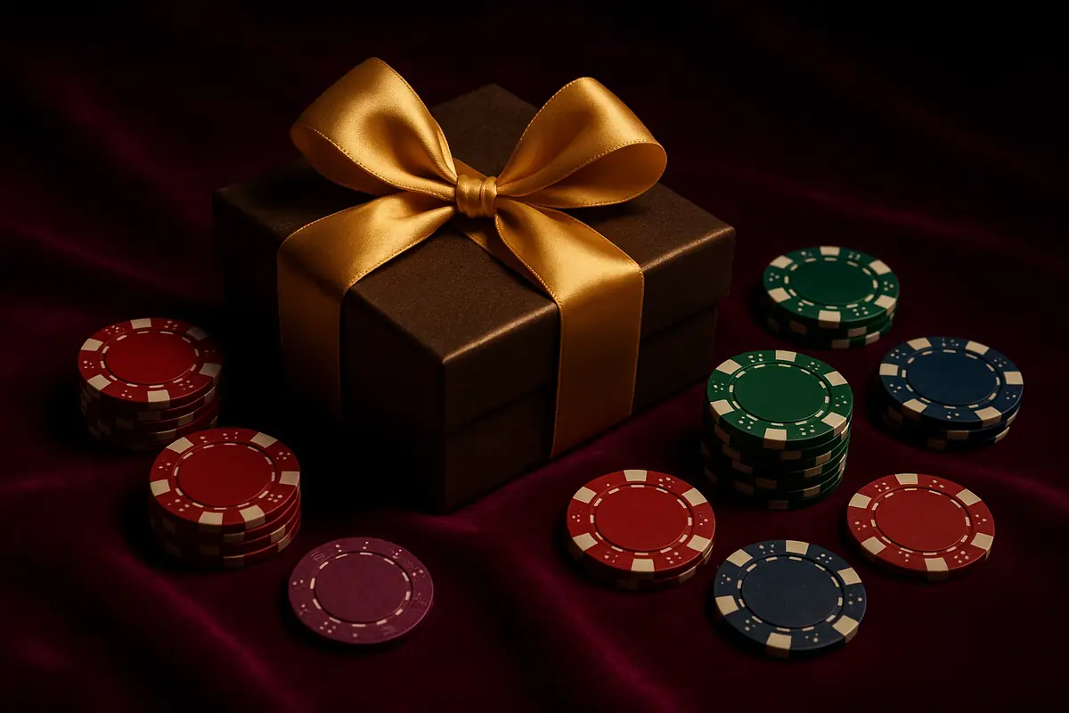 Gift box and chips on dark velvet
